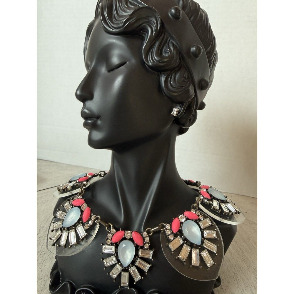 Vintage Bronze Crystal Pink Stone Bib Necklace & 925 Emerald Cut SS Studs Set
